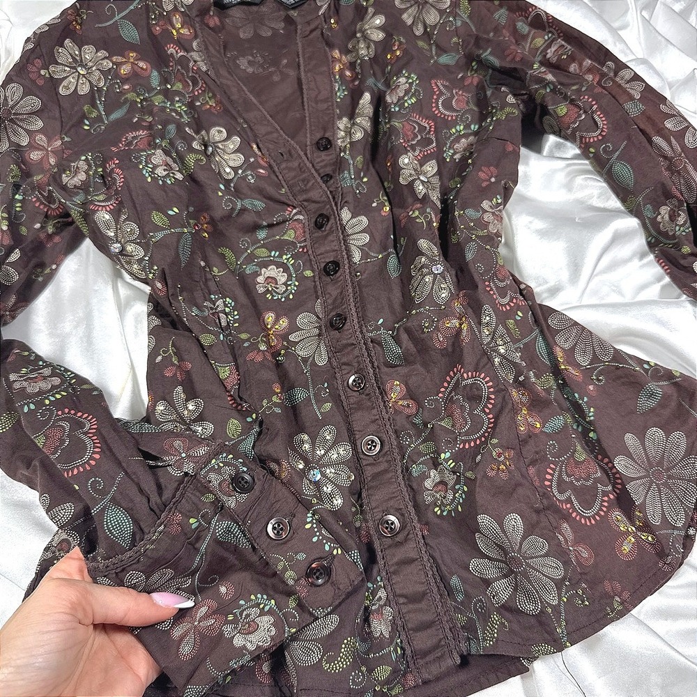 Autograph New York Brown Floral Sequin Beaded Button Down Blouse Medium